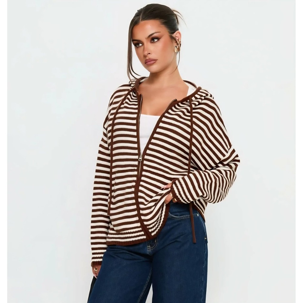 Princess Polly Brienna Zip Jacket Hoodie Brown Blue Stripe Size S/M